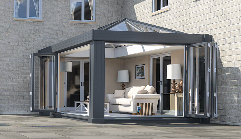 Anthracite grey aluminium orangery installation